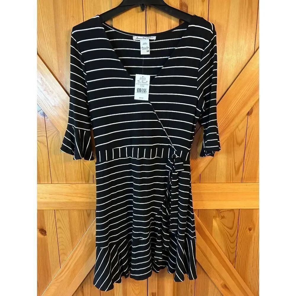 American Rag Cie Womens Black White Stripe Mock Wrap Dress NWT Size Medium (5076